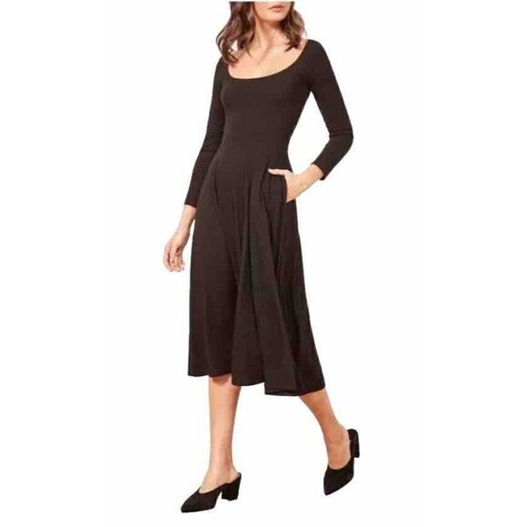 Reformation Jeans Women's Sz XS Black Flowy Long Sleeve Scoop Neck Midi Dress - Picture 1 of 7